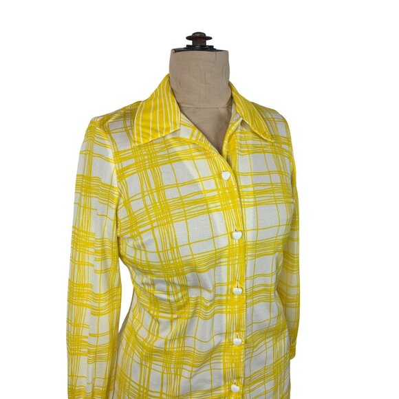 Vintage 60s Yellow Blouse Womens Size XL Heart Buttons Mr. Dino Plaid Long Slv - Picture 3 of 10